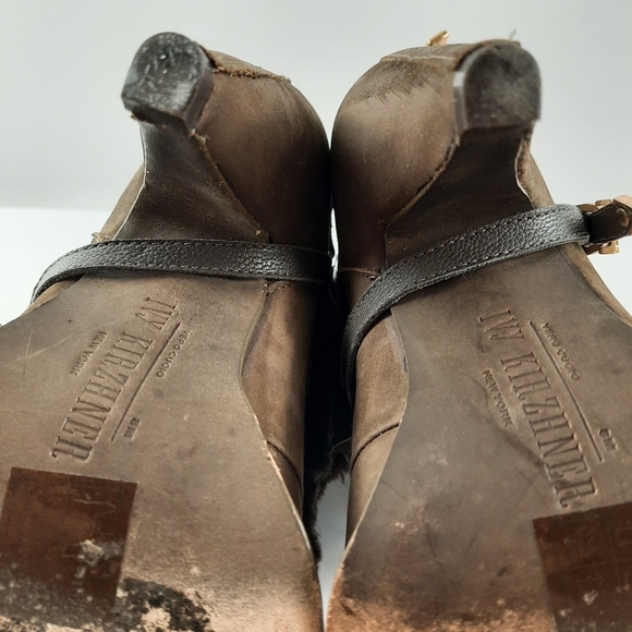 IVY KIRZHNER Shearling Rose Gold Harness Stud Leather Olive Brown Heeled Boot 8 - Picture 13 of 14